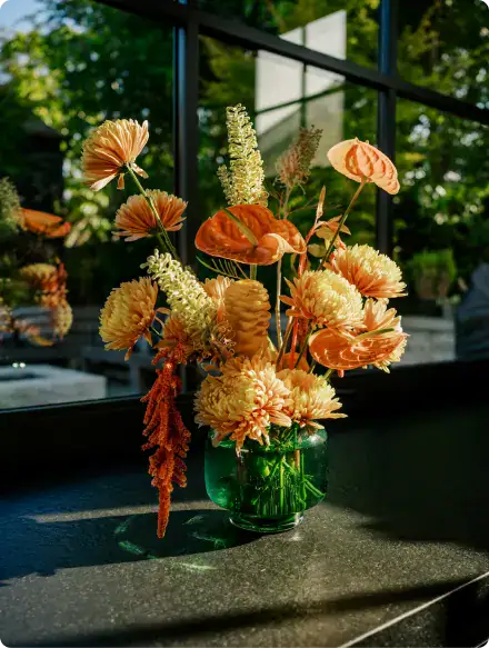 Peach arrangement on kitchen counter in private residence