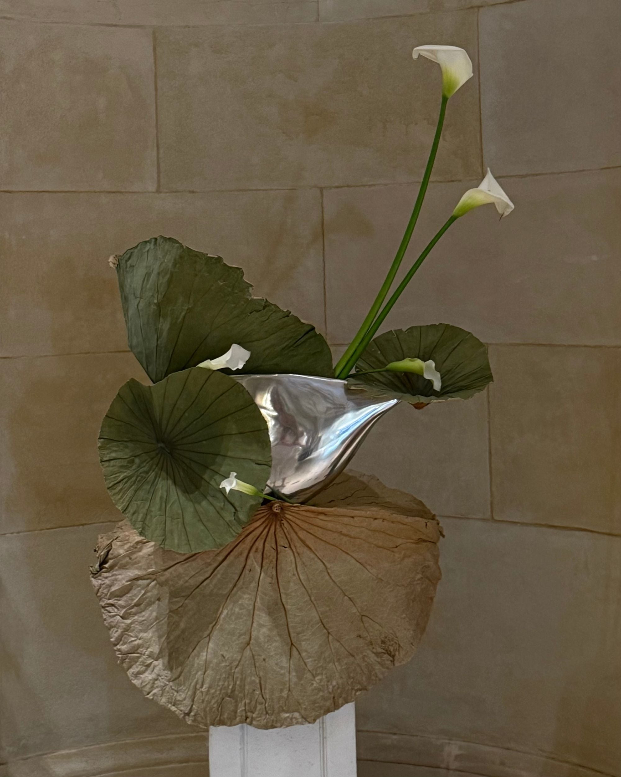 Calla Lilies and Lotus leaves in silver vase on pedestal