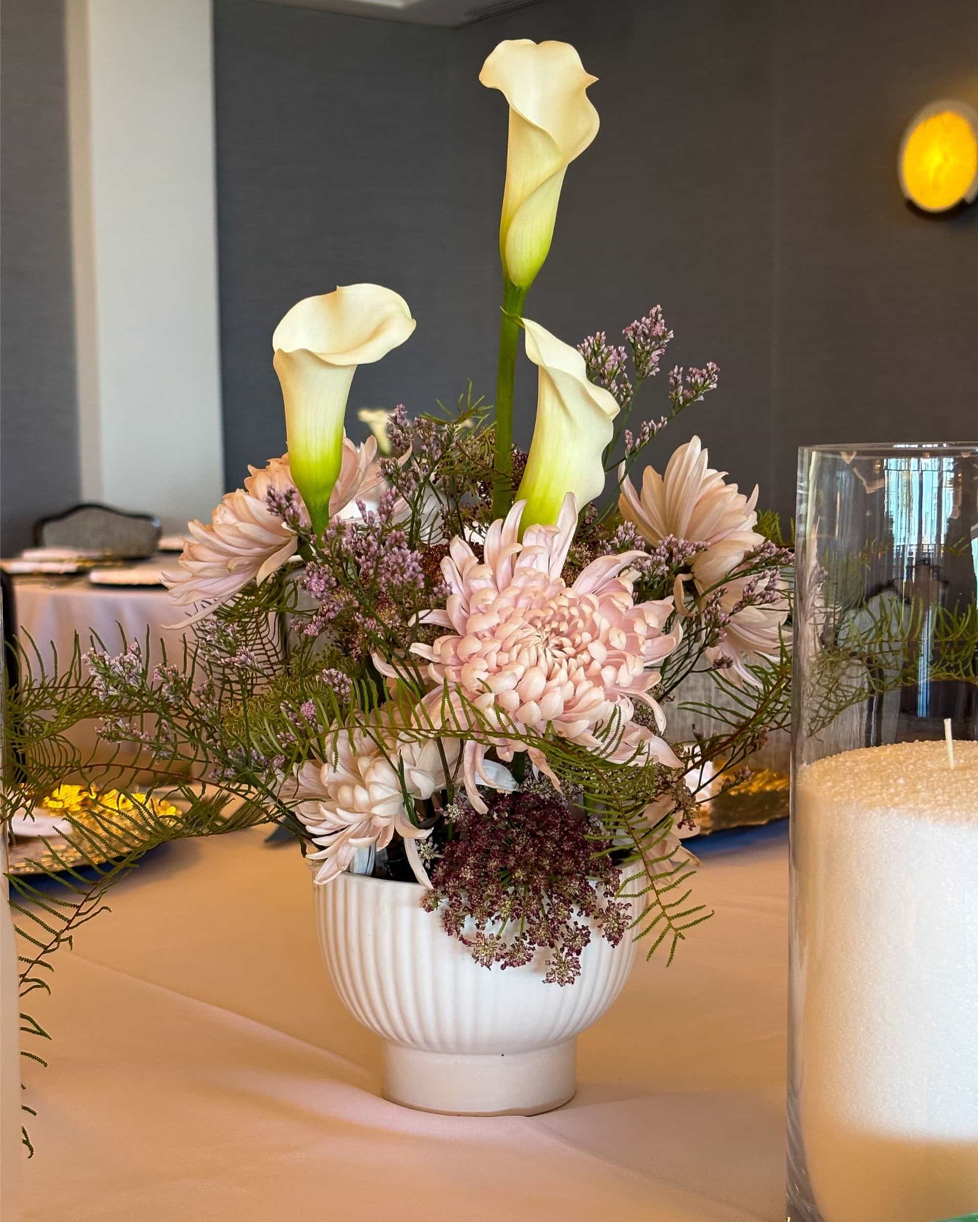 Wedding Centerpiece with calla lilies and china mums